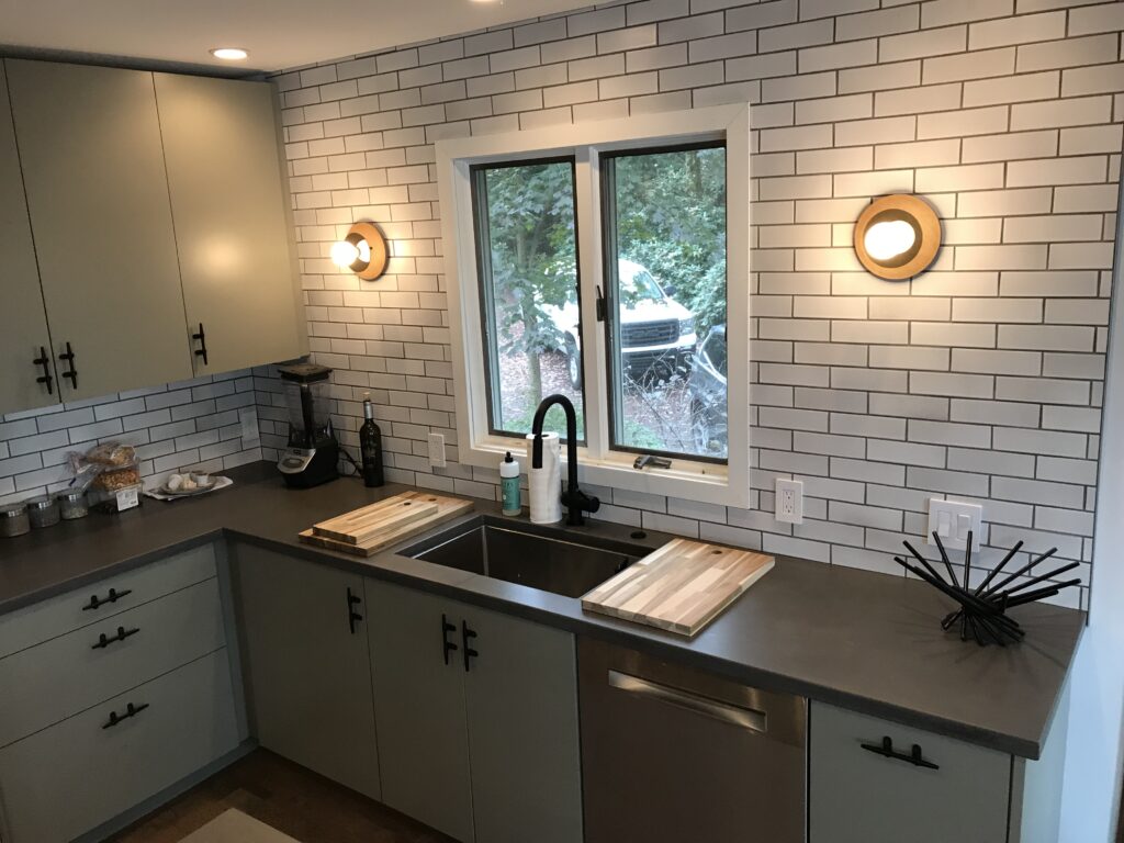 An image of micro-topping concrete on a kitchen countertop in the color brown